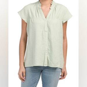 KUT From The Kloth  Linen Blend Scarlett Ruffle Collar Top,Sage Green, M, NWT